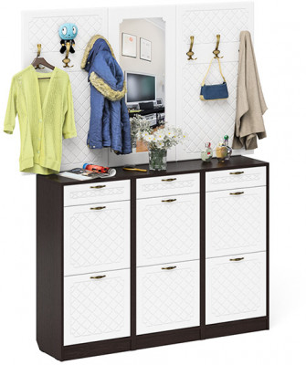 Прихожая П-6 Компоновка № 06, цвет венге/фасады МДФ белое дерево фрезеровка ромб, ШхГхВ 170х35х200 см., универсальная сборка