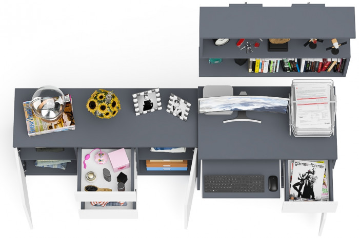 Мори компьютерный стол МС-1 правый + Комод МК1200.3 + Полка 900, графит/белый