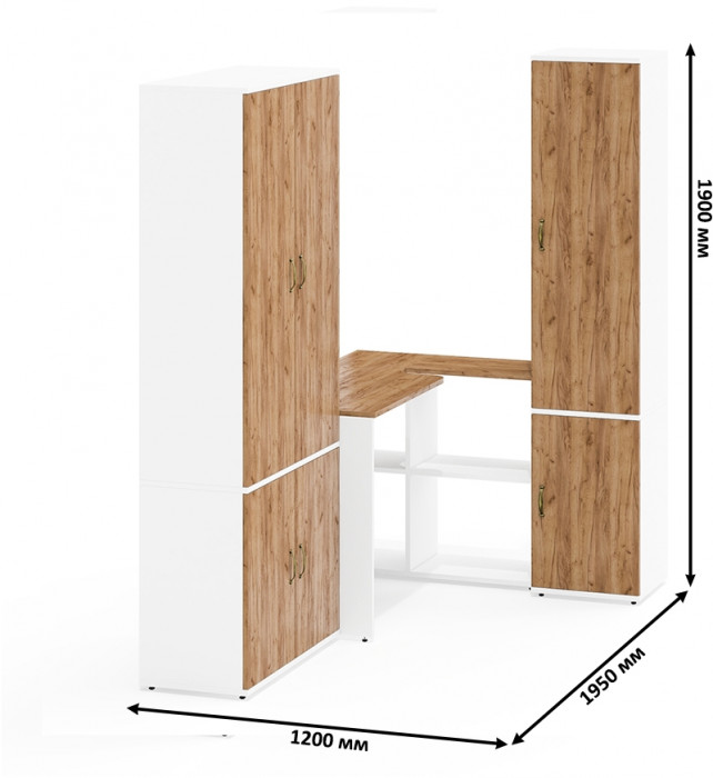 Лидер-8 Шкаф МД 20Б + Стол + Пенал 22Б, цвет белый шагрень/крафт золото, ШхГхВ 285х50/37,5х75/190 или 195х120х75/190 см., НЕ ун.сб.