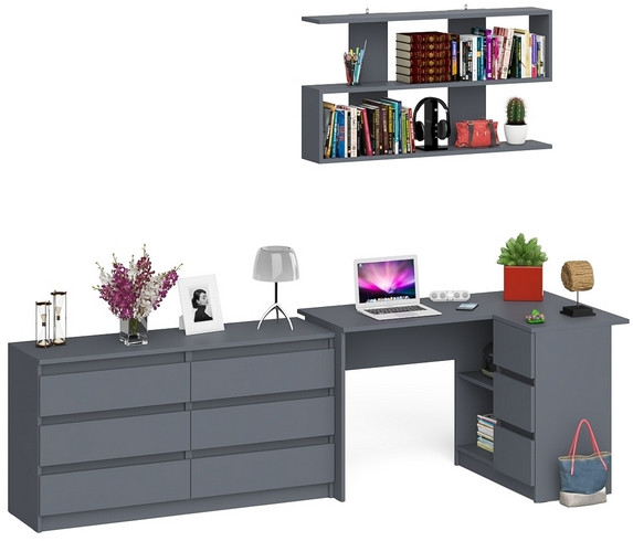 Мори компьютерный стол МС-16 правый + Комод МК1380.6 + Полка 1200, графит