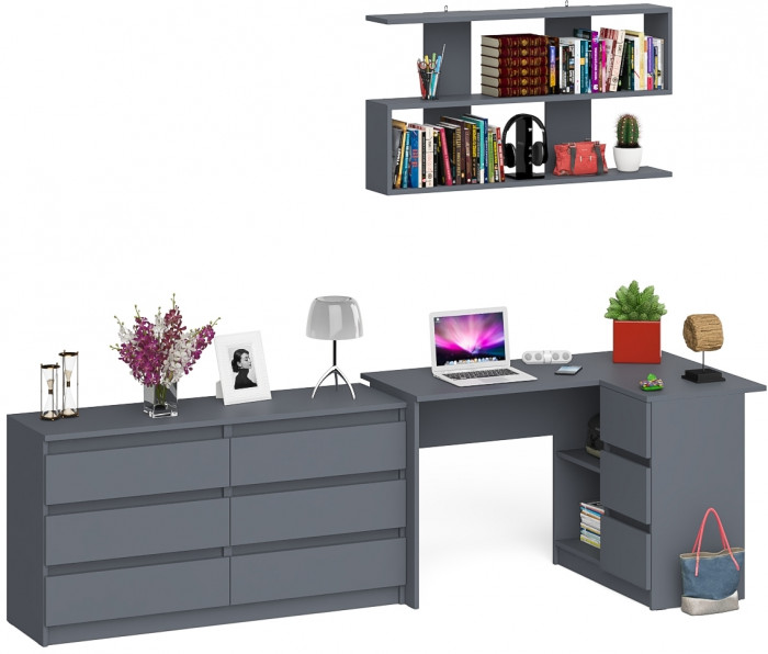 Мори компьютерный стол МС-16 правый + Комод МК1380.6 + Полка 1200, графит