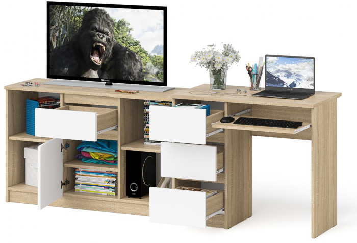 Мори Стол компьютерный МС-6 левый + Тумба МТВ1204.1, цвет дуб сонома/белый, ШхГхВ 210,4х50х76,6 см., выдвижные ящики слева, НЕ универсальная сборка