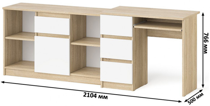 Мори Стол компьютерный МС-6 левый + Тумба МТВ1204.1, цвет дуб сонома/белый, ШхГхВ 210,4х50х76,6 см., выдвижные ящики слева, НЕ универсальная сборка