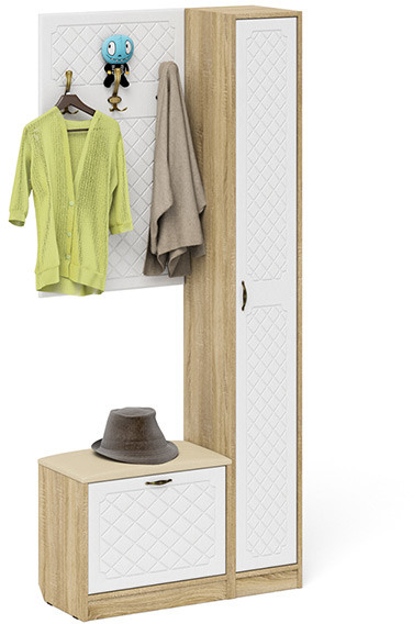 Прихожая П-6 Компоновка № 21, дуб сонома/фасады МДФ белое дерево фрезеровка ромб