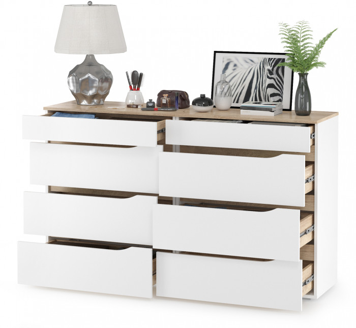 Муссон 13.97 Комод + 13.97 Комод, цвет белый/дуб эндгрейн элегантный, ШхГхВ 154х39,4х92,6 см., четыре выдвижных ящика, ручки-вырезы