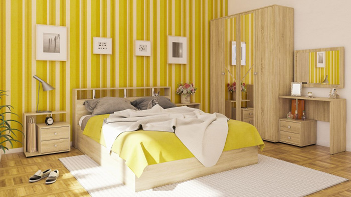 Камелия спальня № 2 Кровать 1600 + Две тумбы + Стол косметич. + Зеркало + Шкаф 4-х, дуб сонома