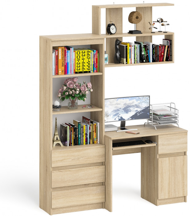 Мори компьютерный стол МС-1 правый + Стеллаж МСТ600.3 + Полка 900, дуб сонома