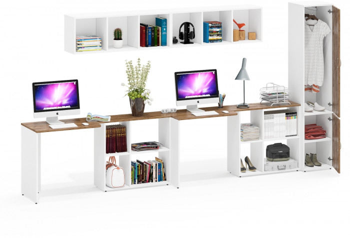 Лидер-8 Стол + Полка + Стол + Полка + Пенал МД 21Б, цвет белый шагрень/крафт золото, ШхГхВ 370х50/37,5х75/190 или 230х50/120х75/190 см., НЕ ун. сборка