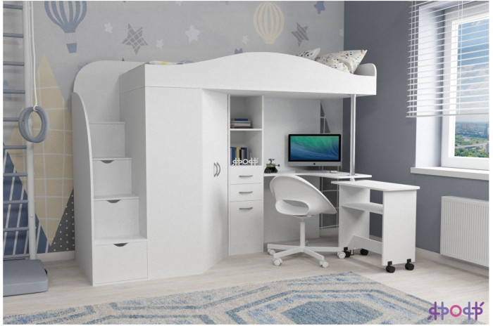 Кровать-чердак Юниор 4 (Белое дерево/Ирис)