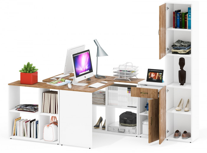 Лидер-8 Стол + Стол + Пенал + Тумба МД 3.15, цвет белый шагрень/крафт золото, ШхГхВ 410х50/30х75/190 см. или 230х50/160х75/190 см., НЕ универс. сборка