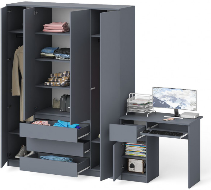 Мори Стол компьютерный МС-1 левый + Шкаф МШ1600.1, цвет графит, ШхГхВ 250,4х50,4х209,6 см., выдвижной ящик слева, НЕ универсальная сборка