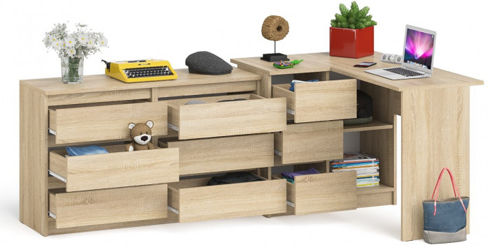 Мори Стол компьютерный МС-16 левый + Комод МК1200.6, цвет дуб сонома, ШхГхВ 244,8х84,9х76,6 см., выдвижные ящики слева, НЕ универсальная сборка