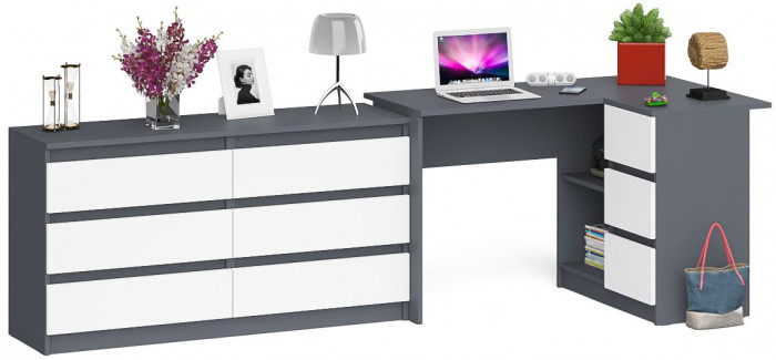 Мори Стол компьютерный МС-16 правый + Комод МК1380.6, цвет графит/белый, ШхГхВ 262,4х84,9х76,6 см., выдвижные ящики справа, НЕ универсальная сборка