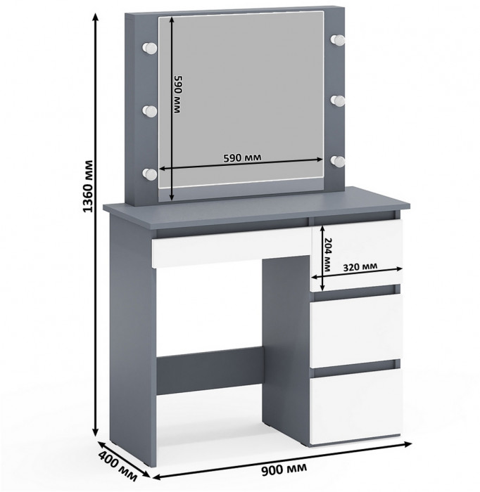 Ксения Кровать с ящиками 1200 + прикроватный блок + Столик с подсветкой Сура, графит/белый