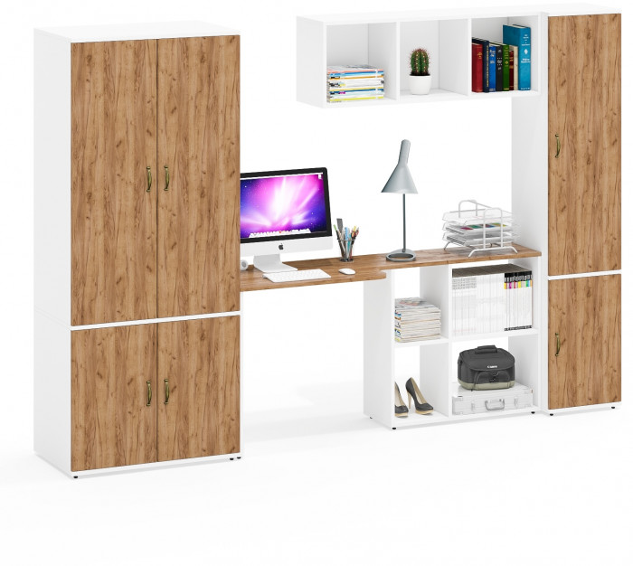 Лидер-8 Шкаф МД 19Б + Стол + Полка + Пенал 22Б, белый шагрень/крафт золото