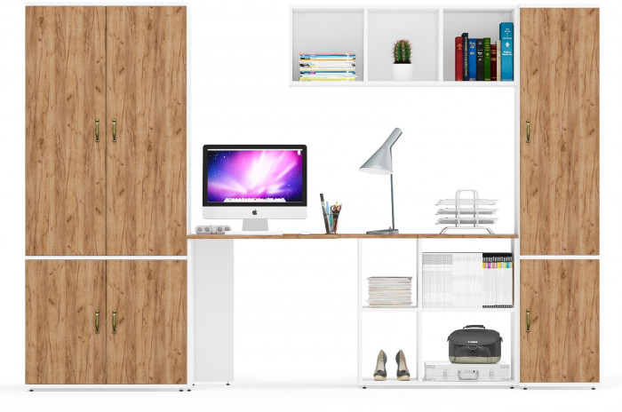 Лидер-8 Шкаф МД 19Б + Стол + Полка + Пенал 22Б, белый шагрень/крафт золото