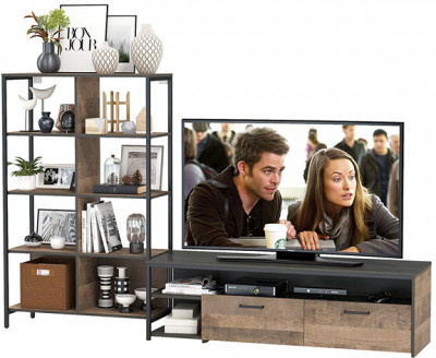 Трувор 13.70 Тумба под ТВ + 13.151.02 Стеллаж, цвет дуб гранж песочный/интра, ШхГхВ 239,8х45,4х146 см., универсальная сборка