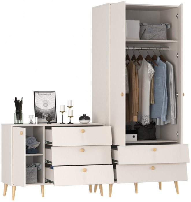 Афина Спальня Шкаф 2-х дверный + Комод с дверкой и тремя ящиками, цвет кашемир серый, ШхГхВ 90,3х56,3х220 + 110х45,3х83 см., универсальная сборка