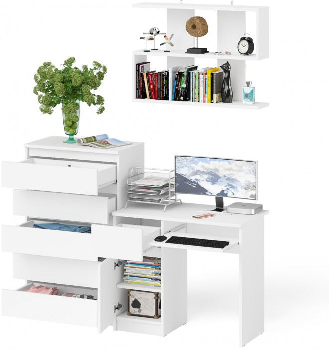 Мори Стол компьютерный МС-1 левый + Комод МК700.5 + Полка 900, цвет белый, ШхГхВ 160,4х50х209,6 см., НЕ универсальная сборка