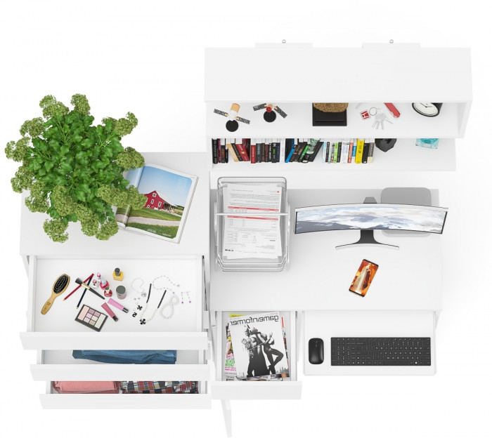 Мори Стол компьютерный МС-1 левый + Комод МК700.5 + Полка 900, цвет белый, ШхГхВ 160,4х50х209,6 см., НЕ универсальная сборка