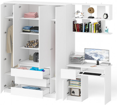 Мори Стол компьютерный МС-1 левый + Шкаф МШ1600.1 + Полка 900, цвет белый, ШхГхВ 250,4х50,4х209,6 см., НЕ универсальная сборка