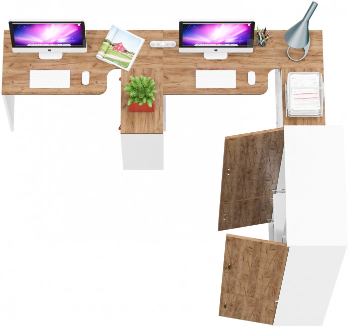 Лидер-8 Стол + Стол + Шкаф МД 20Б + Тумба МД 3.19, цвет белый шагрень/крафт золото, ШхГхВ 450х50/37,5х75/190 или 230х200/50х75/190 см., НЕ ун. сб.