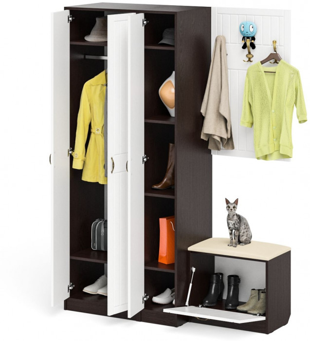 Прихожая П-6 Компоновка № 47, венге/фасады МДФ белое дерево фрезеровка прованс