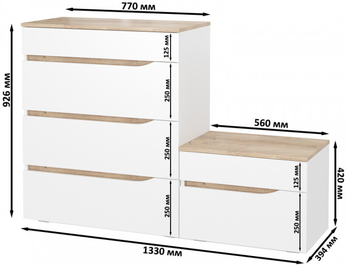 Муссон 13.97 Комод + 16.03 Тумба, цвет белый/дуб эндгрейн элегантный, ШхГхВ 133х39,4х92,6 см., четыре выдвижных ящика, ручки-вырезы, НЕ универс. сб.