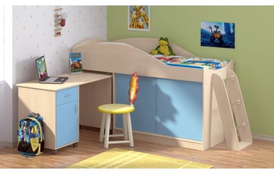 Детская кровать-чердак Дюймовочка-3 без лестницы, Дуб молочный / Голубой