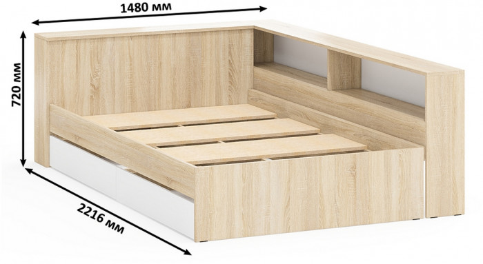 Ксения Кровать с ящиками 1200 + прикроватный блок + Столик с подсветкой Сура, дуб сонома/белый