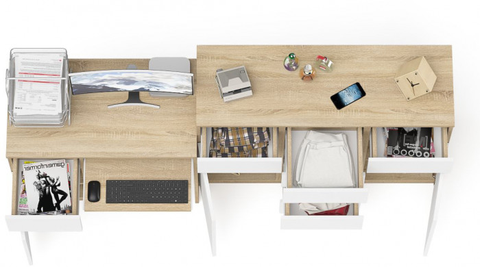 Мори компьютерный стол МС-1 левый + Комод МК1200.4, дуб сонома/белый