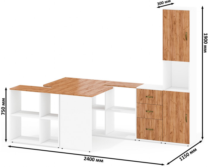 Лидер-8 Стол + Стол + Пенал + Тумба МД 3.16, цвет белый шагрень/крафт золото, ШхГхВ 410х50/30х75/190 см. или 230х50/160х75/190 см., НЕ универс. сборка