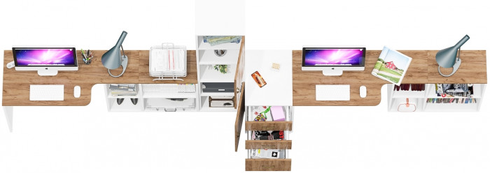 Лидер-8 Стол + Стол + Пенал + Тумба МД 3.16, цвет белый шагрень/крафт золото, ШхГхВ 410х50/30х75/190 см. или 230х50/160х75/190 см., НЕ универс. сборка