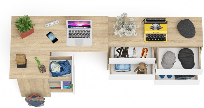 Мори Стол компьютерный МС-16 левый + Комод МК1200.6, цвет дуб сонома/белый, ШхГхВ 244,8х84,9х76,6 см., выдвижные ящики слев, НЕ универсальная сборкаа