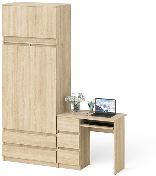 Мори Стол компьютерный МС-6 левый + Шкаф МШ900.1 + Антресоль МА900.1, цвет дуб сонома, ШхГхВ 180,4х50,4х234,2 см., выдвиж. ящики слева, НЕ ун. сб.