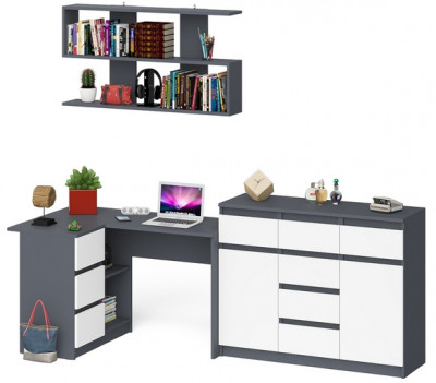 Мори компьютерный стол МС-16 левый + Комод МК1200.4 + Полка 1200, графит/белый