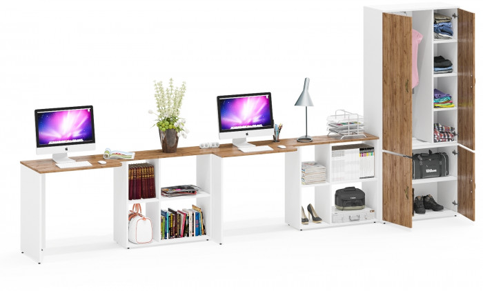 Лидер-8 Стол + Стол + Шкаф МД 20Б, цвет белый шагрень/крафт золото, ШхГхВ 410х50/37,5х75/190 или 230х160/50х75/190 см., НЕ универсальная сборка