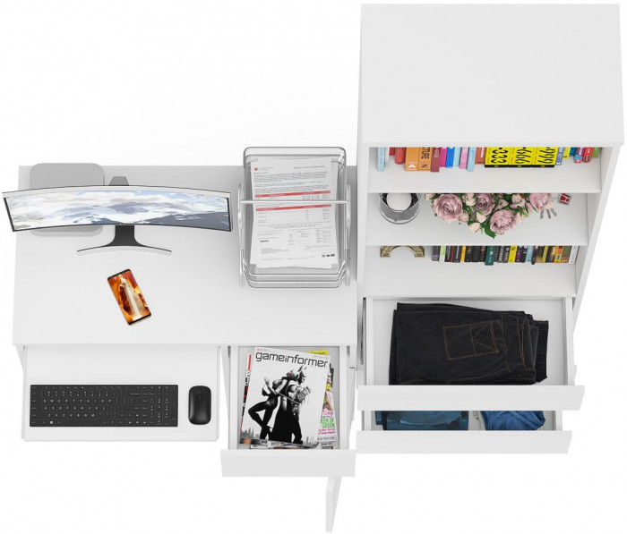 Мори компьютерный стол МС-1 правый + Стеллаж МСТ600.3, белый