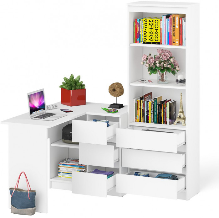 Мори компьютерный стол МС-16 правый + Стеллаж МСТ600.3, белый