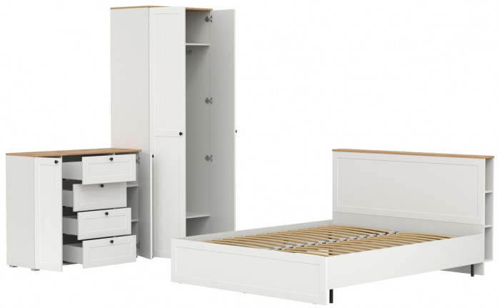 Остин 11.53 Кровать + ортопед + 13.224 Шкаф + 16.221 Комод, белый шагрень/дуб крафт золотой
