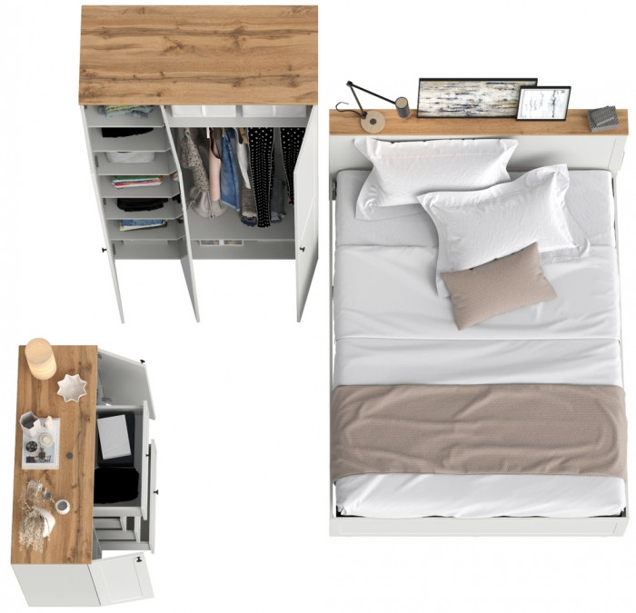 Остин 11.53 Кровать + ортопед + 13.336.03 Шкаф для одежды + 16.221 Комод, белый шагрень/дуб крафт золотой