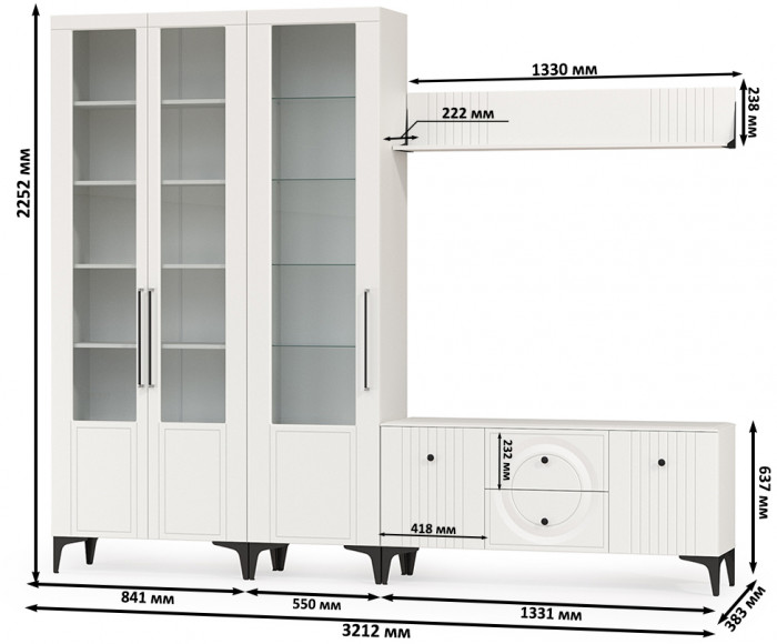 Валенсия Гостиная № 077, цвет ЛДСП белый шагрень/МДФ белый шагрень, ШхГхВ 272,2х38,3х225,2 см., универсальная сборка