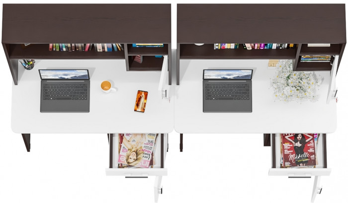 Два стола письменных с надстройкой С-МД-1-09Н, цвет венге/белый шагрень, ШхГхВ 210х57х162 см., НЕ универсальная сборка