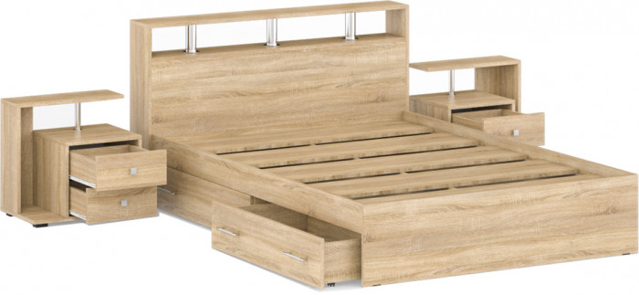 Камелия Кровать с ящиками 1400 + две тумбы, цвет дуб сонома, ШхГхВ 256х217х78,2 см., сп.м. 1400х2000 мм., без матраса, основание есть