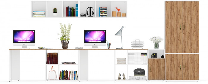 Лидер-8 Стол + Полка + Стол + Полка + Шкаф МД 20Б + Тумба МД 3.19, белый шагрень/крафт золото