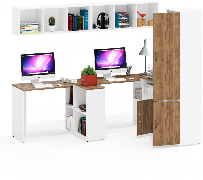 Лидер-8 Стол + Полка + Стол + Полка + Пенал МД 22Б + Тумба МД 3.19, цвет белый шагрень/крафт золото, 410х50х75/190 или 230х160/50х75/190, НЕ ун. сб.