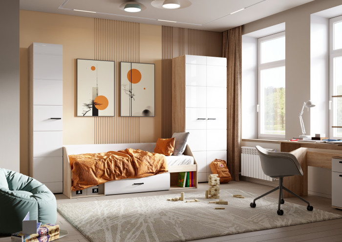 ЛИБЕРТИ КР 01 Кровать 1,4 (1432х900х2032) Фасад МДФ БЕЛЫЙ ГЛЯНЕЦ/Корпус ДУБ СОНОМА