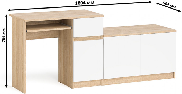 Мори компьютерный стол МС-1 правый + Тумба МА900.1, дуб сонома/белый