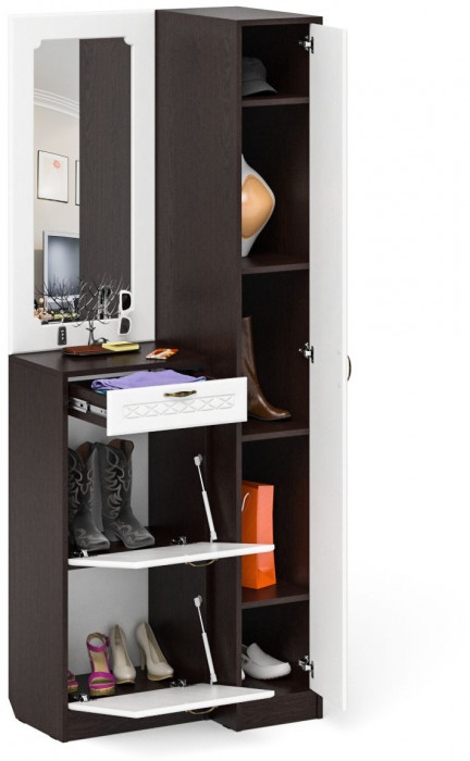 Прихожая П-6 Компоновка № 43, цвет венге/фасады МДФ белое дерево фрезеровка ромб, ШхГхВ 80х50х210 см., универсальная сборка