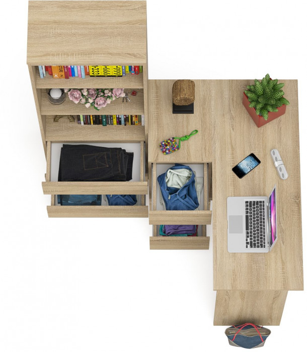 Мори Стол компьютерный МС-16 левый + Стеллаж МСТ600.3, цвет дуб сонома, ШхГхВ 184,8х84,9х179,6 см., выдвижные ящики слева, НЕ универсальная сборка